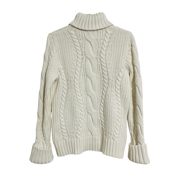 Land's End Cable Knit Fisherman Turtleneck Sweater Size L Ivory Cotton Classic - Picture 5 of 13
